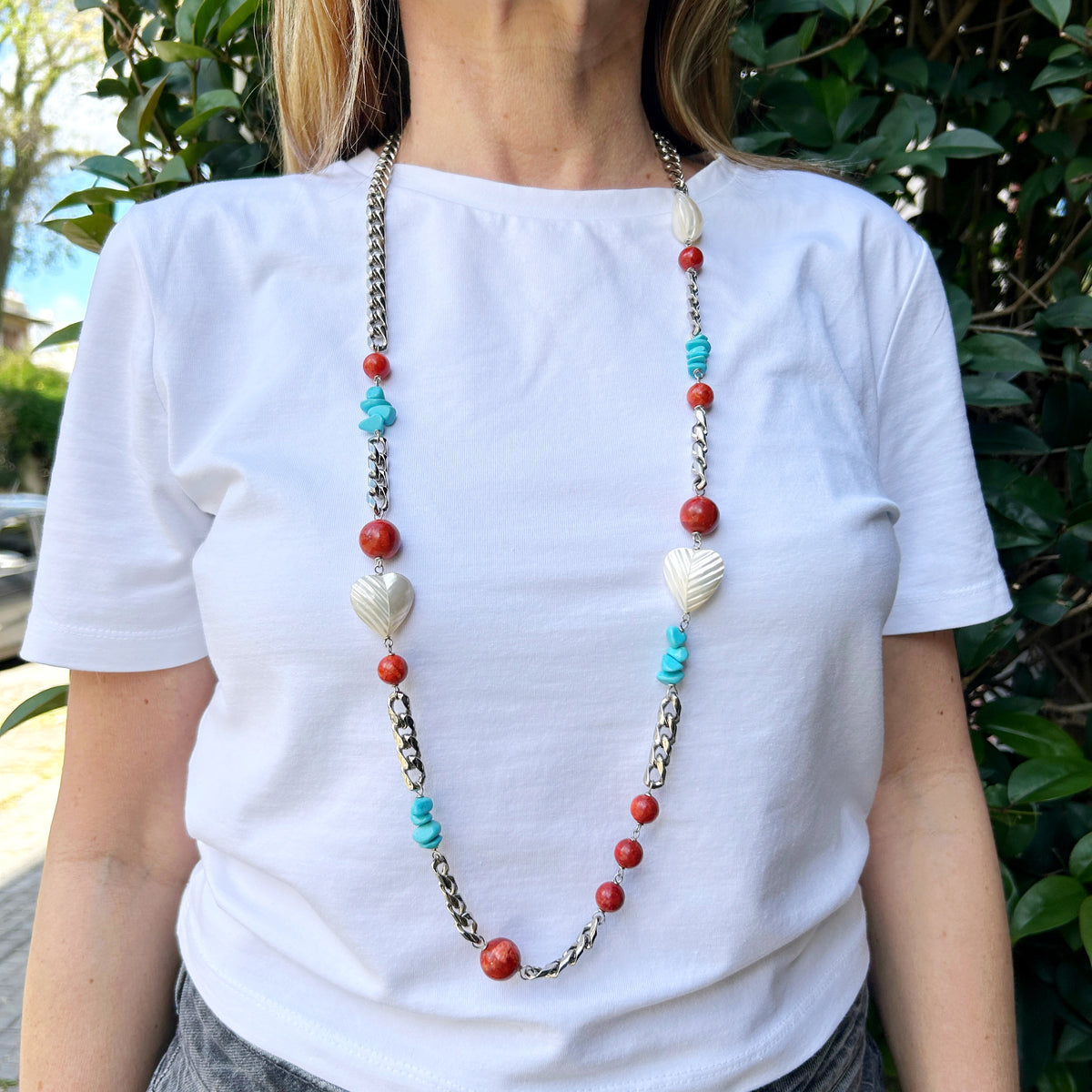 Collar cadena con coral, nácar y turquesa, vista 7 – Fahoma