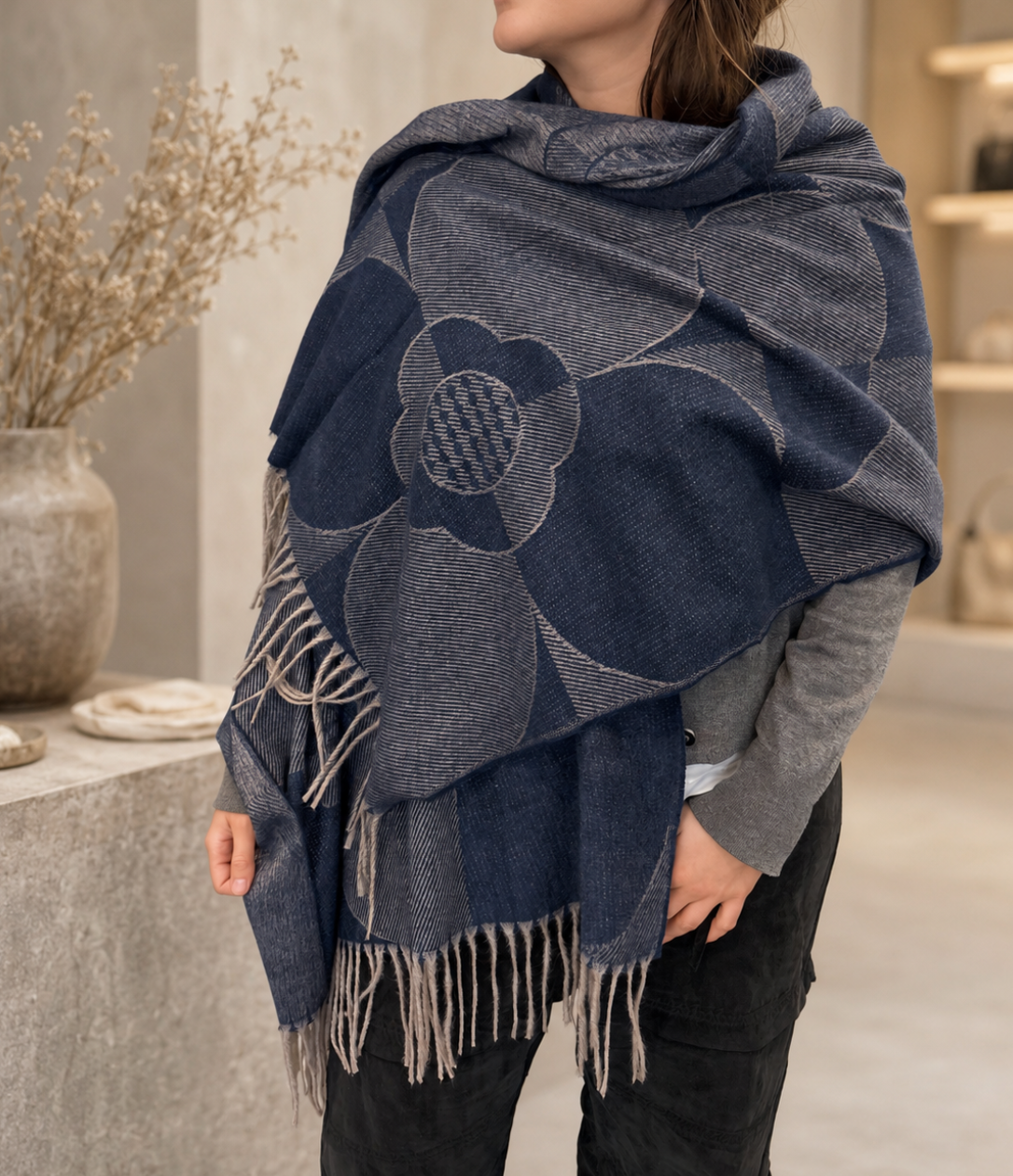 Pashmina azul y gris, vista 2 – Fahoma