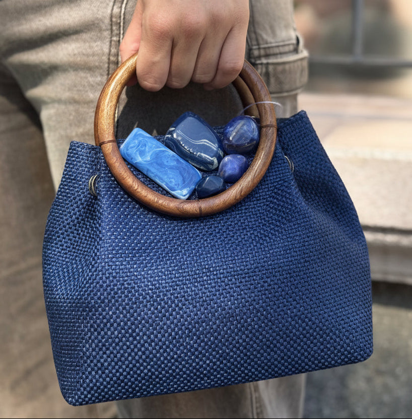 Bolso tejido azul con piedras, vista 2 – Fahoma