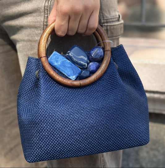 Bolso tejido azul con piedras, vista 2 – Fahoma