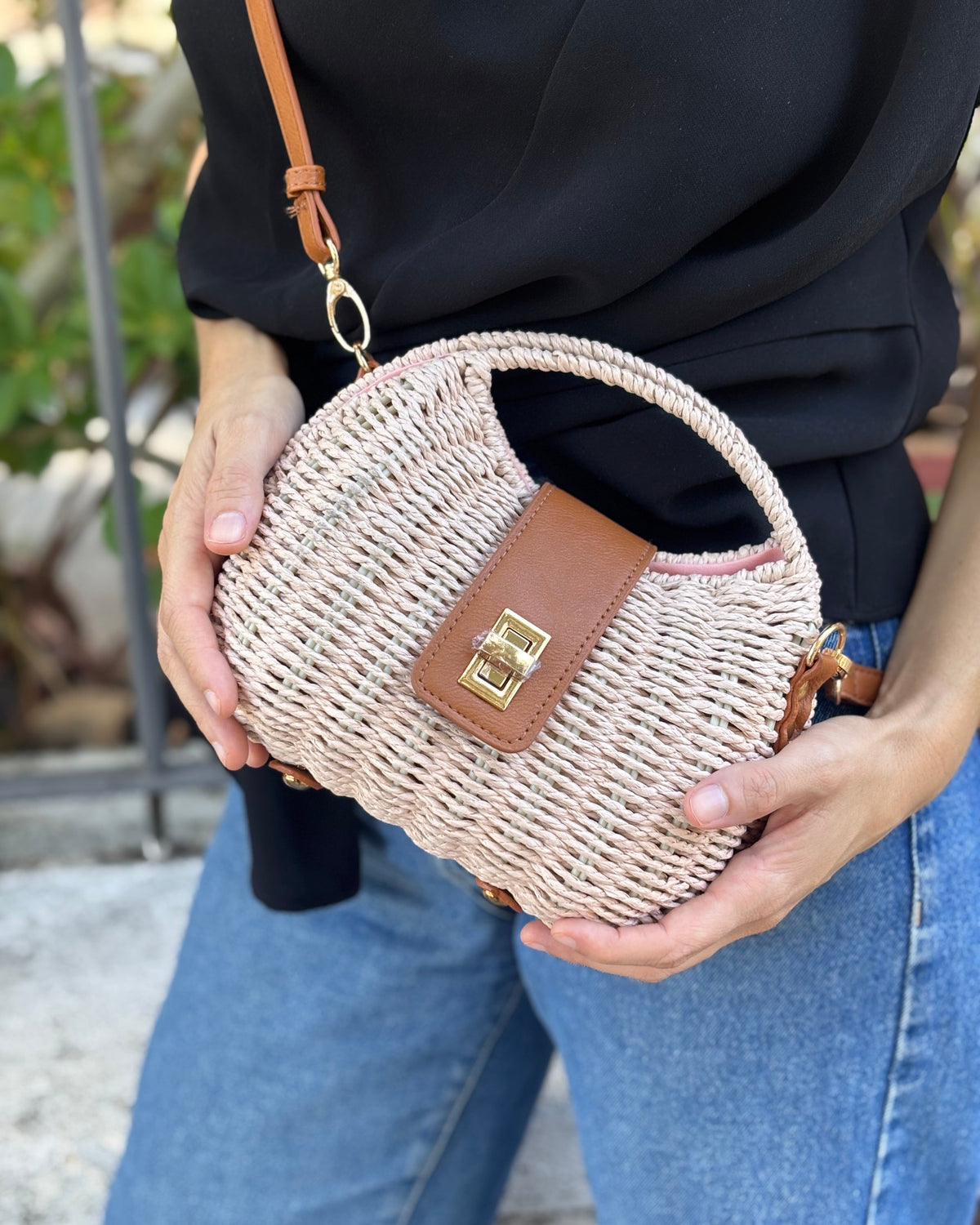 Bolso mimbre y cuero, vista 2 – Fahoma