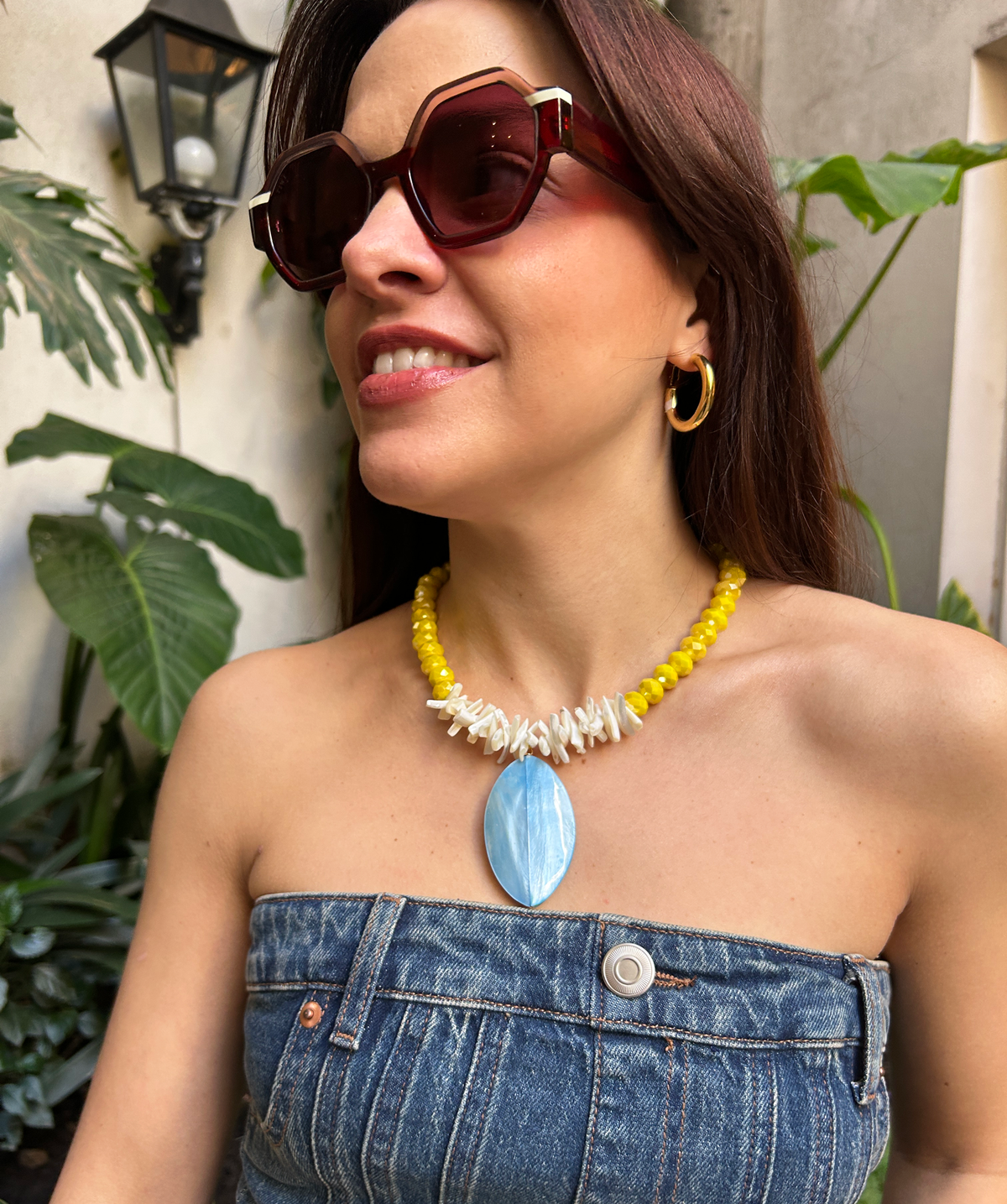 Collar cristal amarillo y nácar celeste – Fahoma, bijouterie en Uruguay