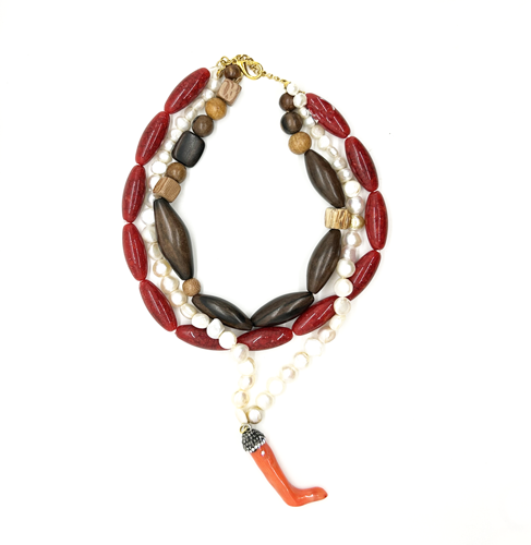 Collar perlas coral y madera – Fahoma, bijouterie en Uruguay