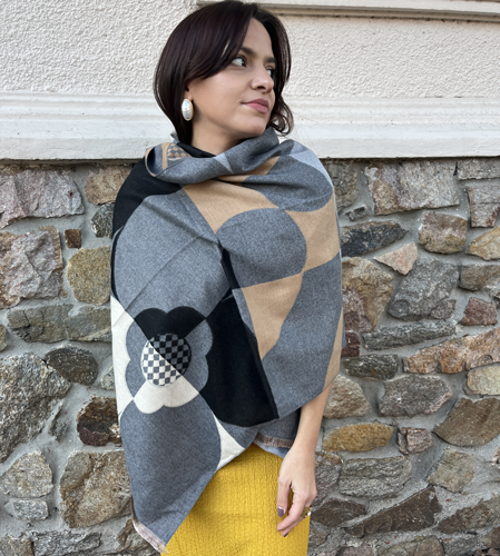 Pashmina gris, beige, negro