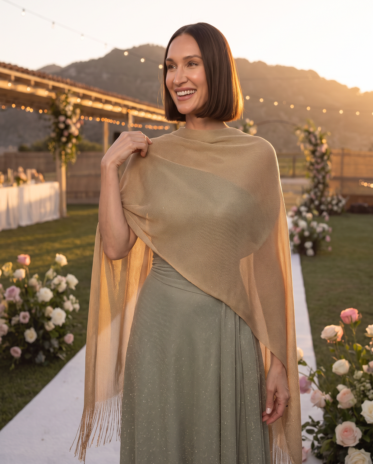 Mujer con capa de lurex dorada con flecos en un casamiento al atardecer – Fahoma Uruguay